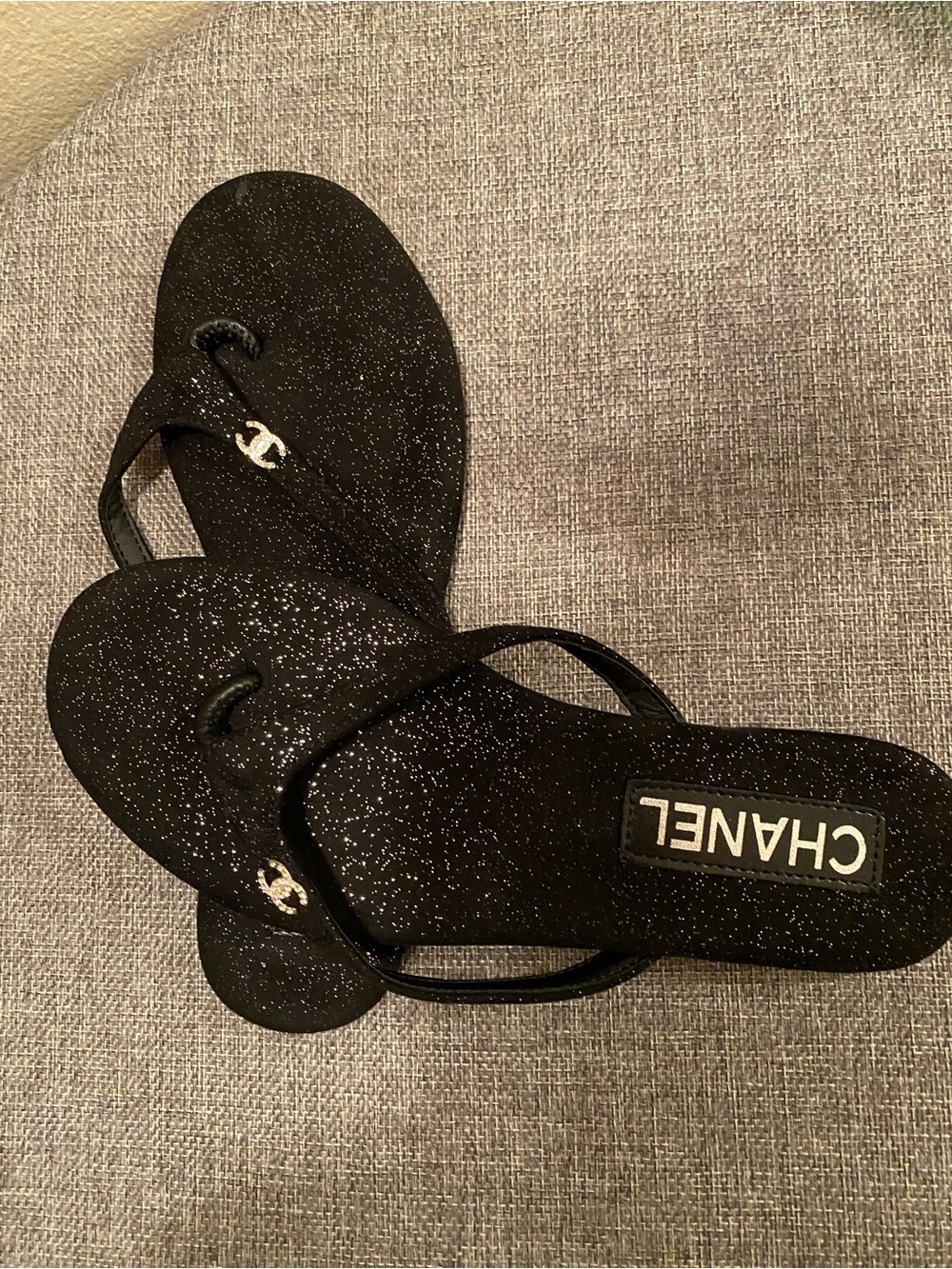CHANEL Black Glitter Thong Sandals with Logo Accent